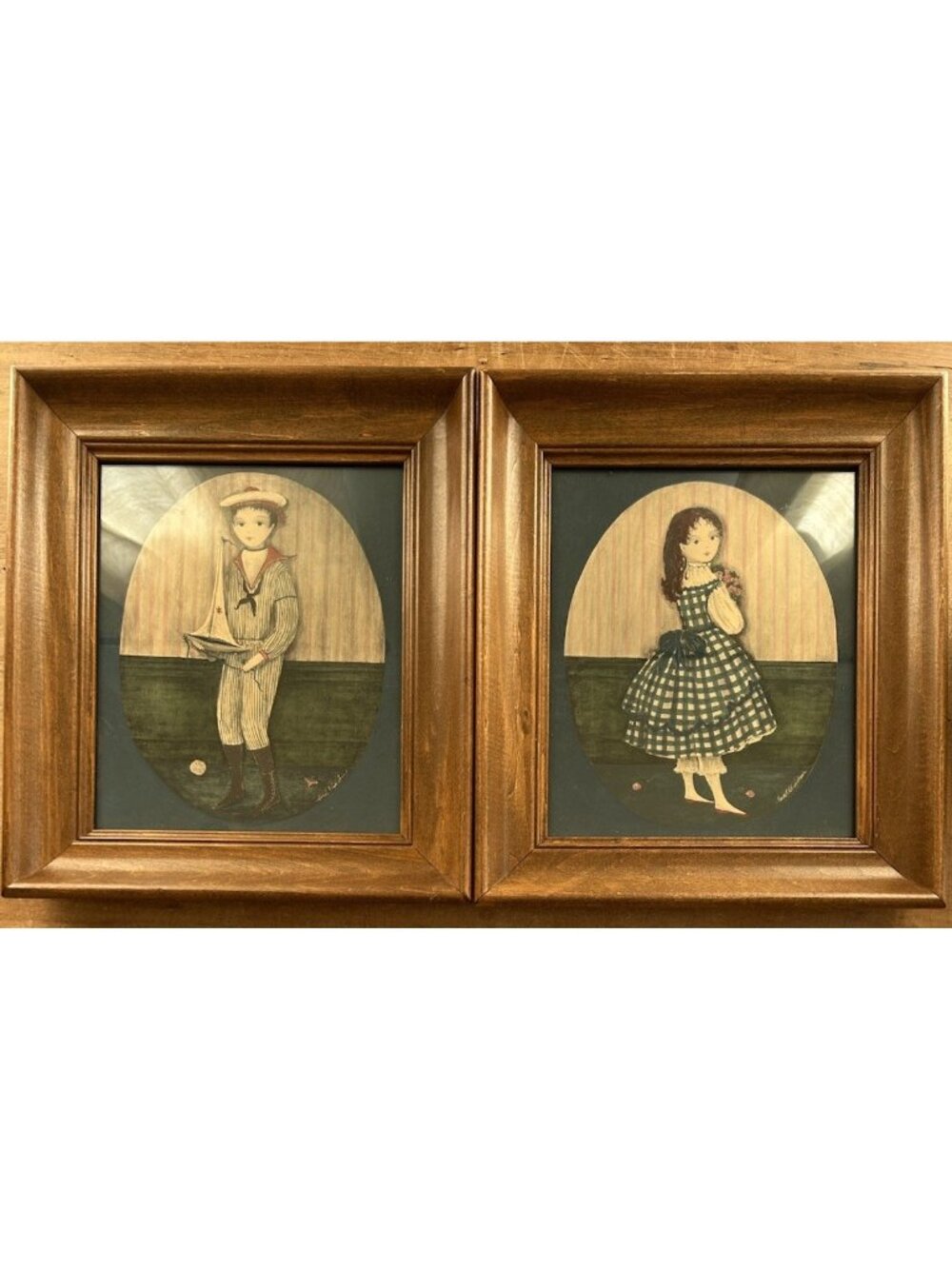 Pair Of Mid Century Carol Blanchard Folk Art Boy & Girl Framed Wall Art Vintage